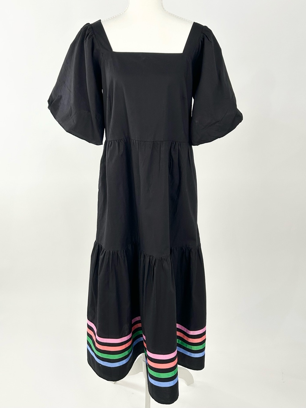 Sugarhill Brighton Black Maxi Dress US 8 Puff Sleeve Rainbow Stripe Cotton